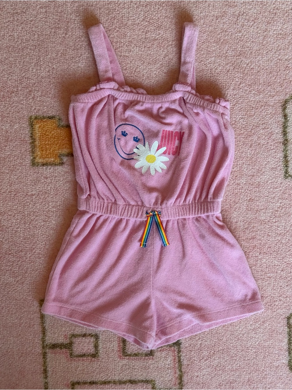 Juicy Couture Girls Pink Terry Cloth Romper 3T Daisy Rainbow Bow